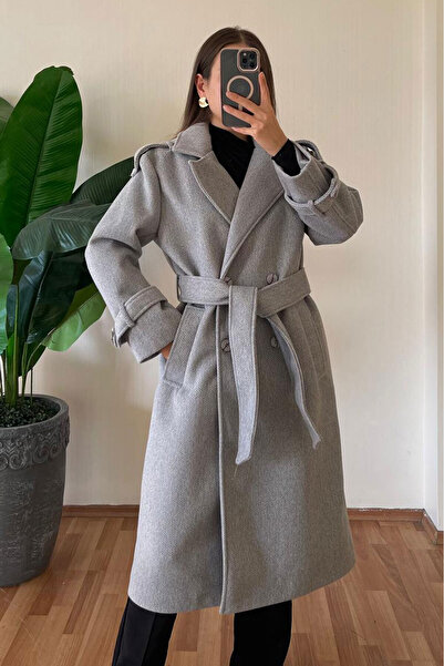 Nazline Women's Double Pocket Double-Breasted Collar Belted Cashmere Coat