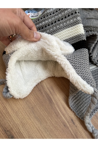 Blotch Boy's Gray Colorful Plush Pompom Inside 3-Piece Set Scarf Beanie Gloves Set