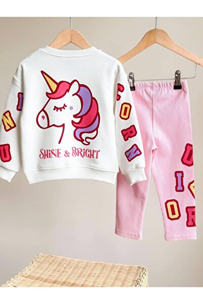 SHINE&BRIGHT Kol Yazı Detaylı Beyaz Sweatshirt ve Pembe Tayt Takım