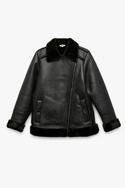 Koton Women's Plush Lined Long Sleeve Collar Faux Fur Double Breasted Leather Look Jacket 6Wak