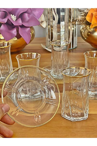 P&ORA PREMIUM KITCHEN PRODUCTS New Zeo Gold Gilded (Real) 12 Pieces Tea Set for 6 People Tea Set Gift Glass