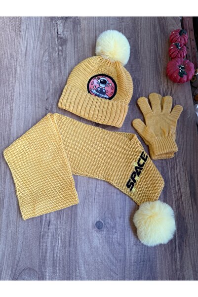 Blotch Boy's Yellow Colorful Astronaut Detail Pompom 3-Piece Set Scarf Beanie Gloves Set