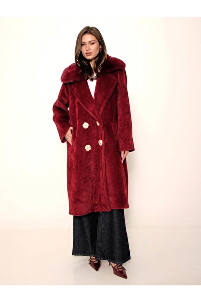 Coral Desenli Düğmeli Kruvaze Kürk Kaban 7990 Bordo