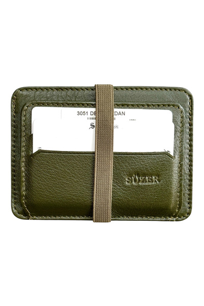 S.S SÜZER DERİ Elastic Two-Layer Mini Size Thin Slim Basic Model Genuine Leather Credit Card Holder Khaki