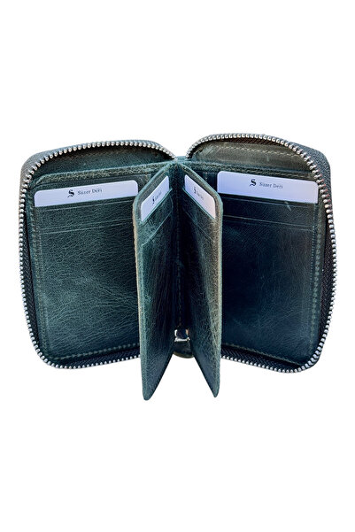 S.S SÜZER DERİ Zipper Lock Mini Size Unisex Genuine Leather Sports Wallet Carzy Khaki
