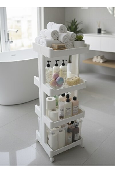 Noor 4-Tier Multi-Purpose Storage Trolley Organizer, White Plastic, with Wheels, 36*38*104