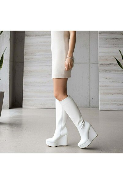 Modanizm Giwa White Wedge Heeled Leather Boots