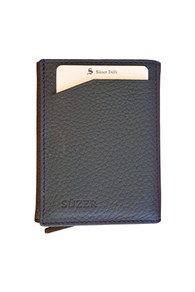 S.S SÜZER DERİ Genuine Leather Automatic Mechanism Credit Card Holder Navy Blue