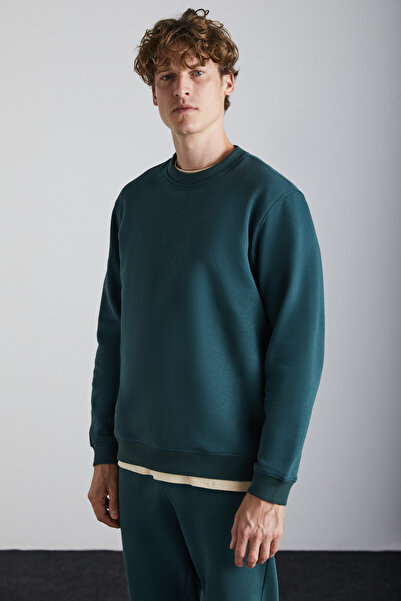 GRIMELANGE Travis Men's Organic Fabric Soft Regular Fit Round Neck Dark Green Sweatshirt