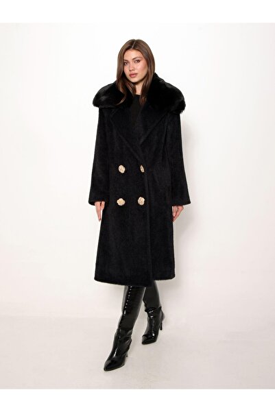Coral Desenli Düğmeli Kruvaze Kürk Kaban 7990 Siyah