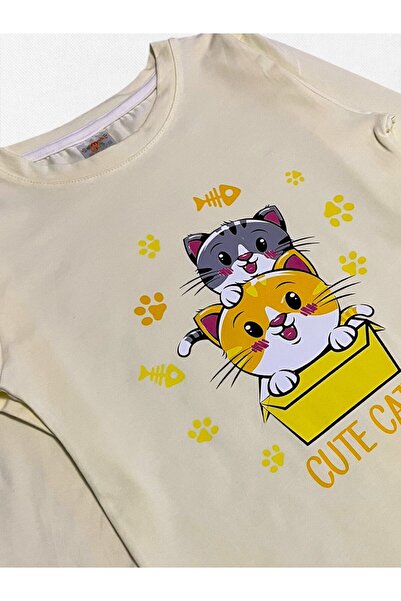 elmas kids Kız Çocuk %100 Pamuklu Penye Kumaş Sarı Kedi Pati Desenli Uzun Kollu Mevsimlik Pijama Takımı