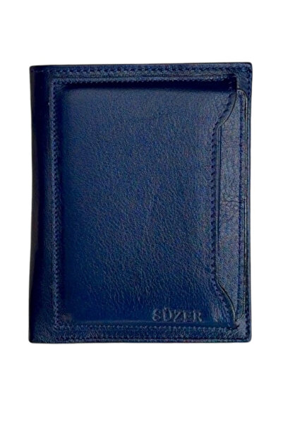 S.S SÜZER DERİ Vertical Model Genuine Leather Men's Wallet with Detachable Card Holder Navy Blue