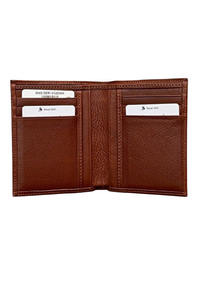 S.S SÜZER DERİ Vertical Model Genuine Leather Men's Wallet with Detachable Card Holder, Brown
