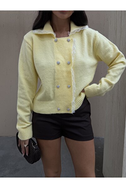 KENZA'A TRİKO Cardigan tricotat cu guler, nasturi și detalii din dantelă