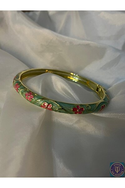 uyguntakıaksesuar سوار ذهبي مزين بنمط زهرة وردية مطلية بالمينا الخضراء - أناق...