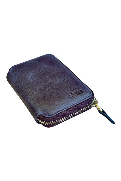 S.S SÜZER DERİ Zipper Lockable Mini Size Unisex Genuine Leather Sports Wallet Carzy Navy Blue