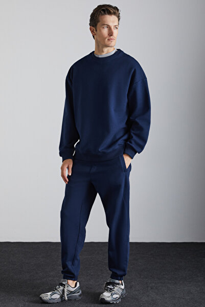 GRIMELANGE Travis Men's Organic Fabric Soft Regular Fit Round Neck Dark Navy Blue Sweatshirt