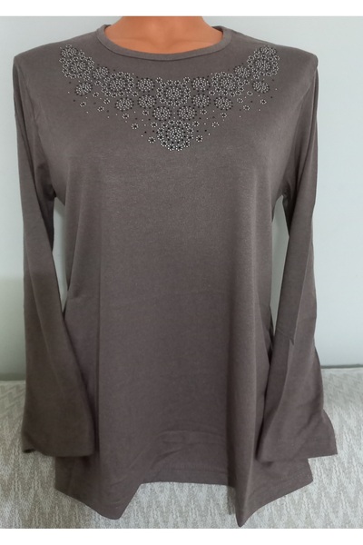 Anne Er Clothing Winter Cotton Combed Cotton Blouse Long Sleeve Crew Neck Stone Beige