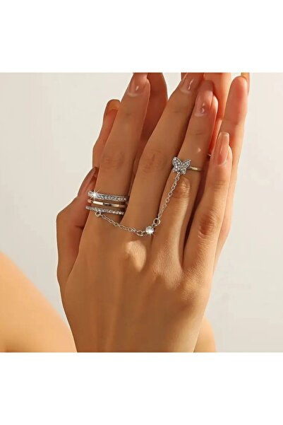 stainless steell VİP lüks gümüş renk su kristali süslemeli kelebek charm yüzük