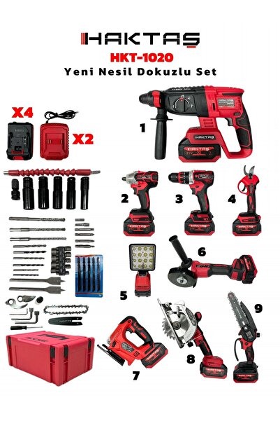 haktaş Yeni Nesil Kırmızı 9'lu Profesyonel Şarjlı El Aletleri Seti | Full Aksesuar | 4 Batarya 2 Şarj Aleti