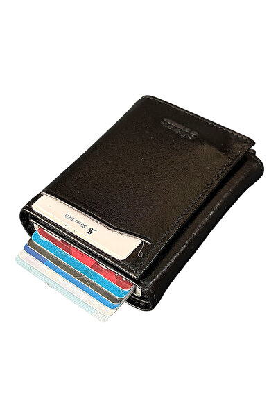 S.S SÜZER DERİ Genuine Leather Automatic Mechanism Credit Card Holder Black