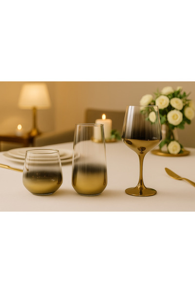 Elta Collection 18 Parça Titanyum Gold Degrade Cam Bardak Seti – Su, Meşrubat...