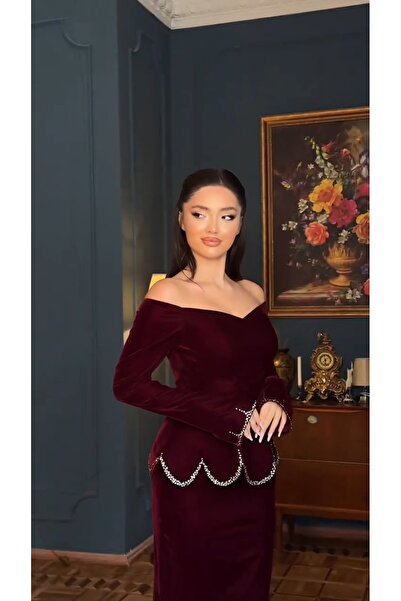 Riva Burgundy velvet dress, off-the-shoulder, long sleeves, crystal-embellished ruffles.