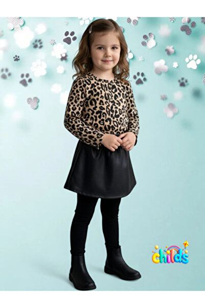 childs Top and Bottom Set Leopard Long Sleeve Top Shiny Inside Furry Leather Look Black Mini Skirt
