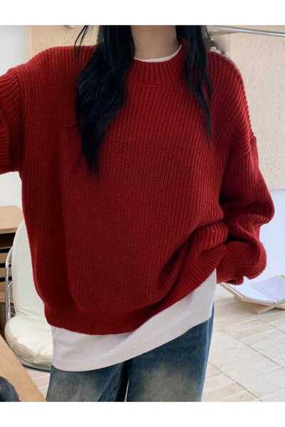 LUVON Kırmızı Bisiklet Yaka Oversize Kadın Triko Kazak