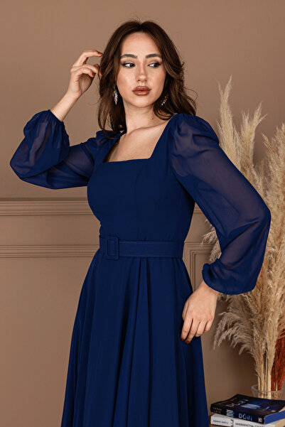 BEYBOS Şifon Krep Kumaş Kare Yaka Midi Elbise - LACİVERT