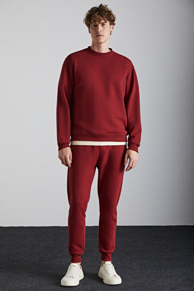 GRIMELANGE Travis Men's Organic Fabric Soft Regular Fit Round Neck Burgundy Sweatshirt