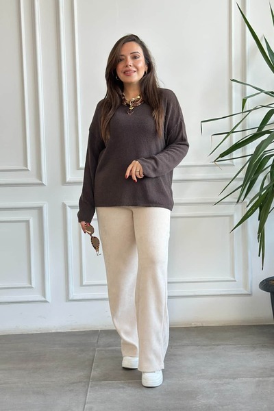 Yağmur Butik Pantaloni largi din catifea cu talie elastică