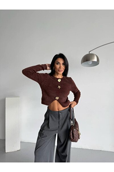 FRİYA Kadın Crop Fit Bisiklet Yaka Yumuşak dokulu Hırka