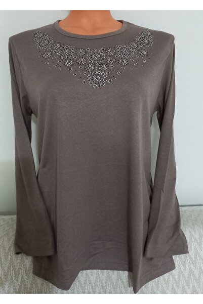 Anne Er Clothing Winter Cotton Combed Cotton Blouse Long Sleeve Crew Neck Stone Beige