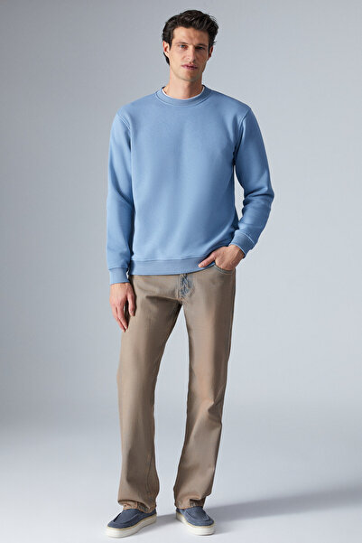 GRIMELANGE Travis Men's Organic Fabric Soft Regular Fit Round Neck Dark Blue Sweatshirt