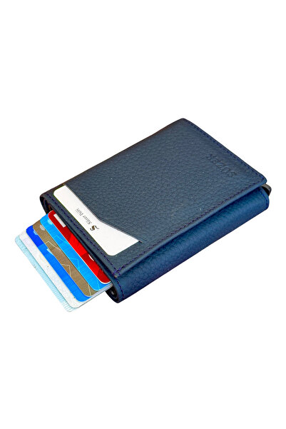 S.S SÜZER DERİ Genuine Leather Automatic Mechanism Credit Card Holder Navy Blue