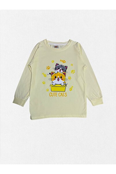 elmas kids Kız Çocuk %100 Pamuklu Penye Kumaş Sarı Kedi Pati Desenli Uzun Kollu Mevsimlik Pijama Takımı