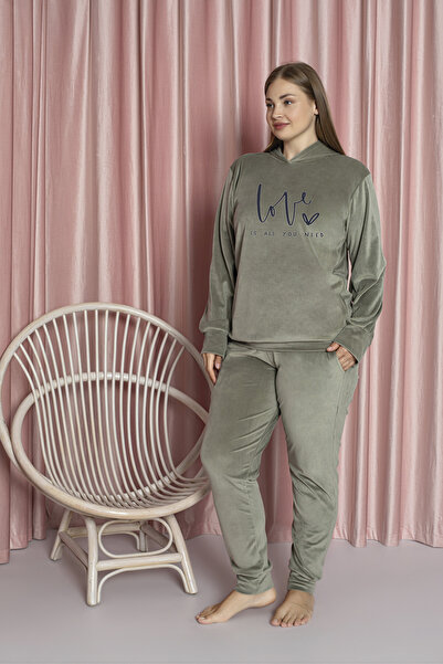 MOPİ طقم بيجامة مكون من قطعتين بغطاء رأس مخملي مقاس كبير