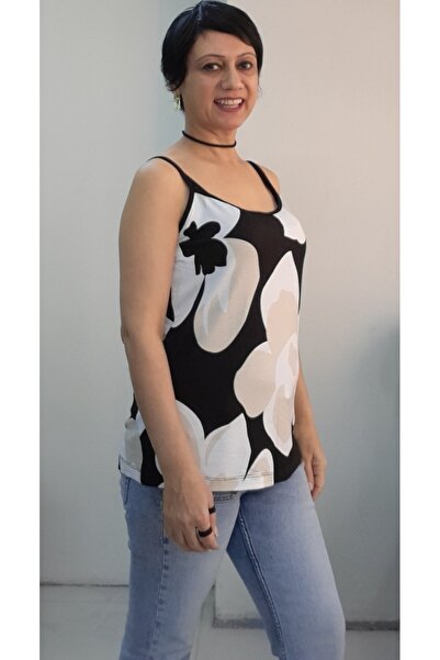 Mertcan Butik Black and White Ecru Patterned Rope Strap Combed Viscose T-Shirt