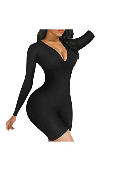 VEYA Full Slip Seamless Long Sleeve V Neck Bodysuit Black