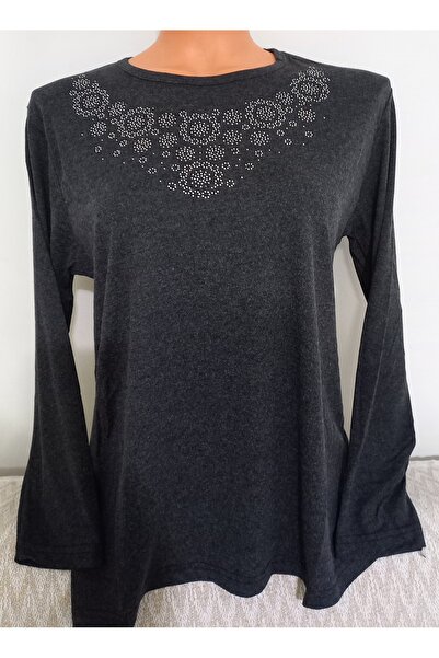 Anne Er Clothing Winter Cotton Blouse Long Sleeve Crew Neck Stone Smoked