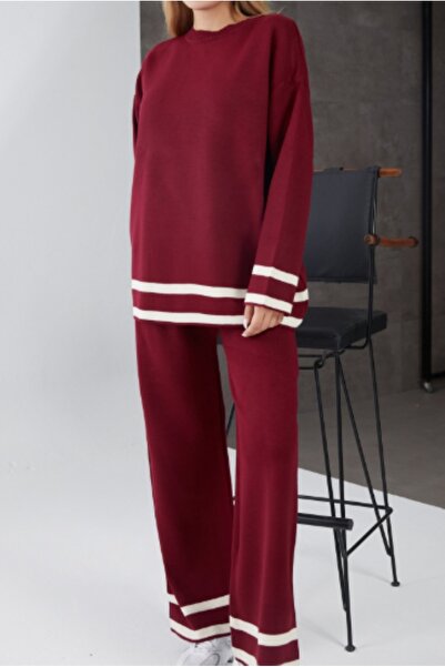 ZY BUTİK Burgundy Stripe Detailed Crew Neck Pants Double Knitwear Set