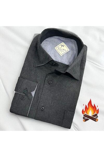 EREN STYLE Cămașă clasică din țesătură de flanel de iarnă, 100% bumbac, cu mâ...