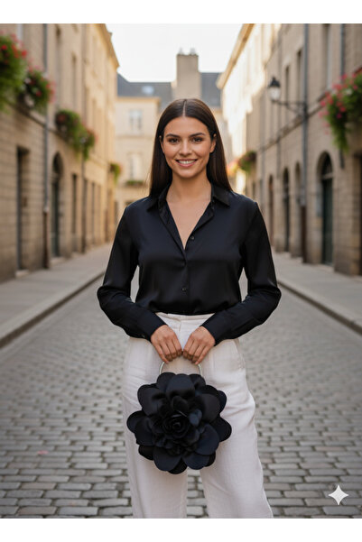 GUSTELLO Țesătură neagră Mâner din metal argintiu Geantă cu flori de trandafir Accesoriu pentru geantă de mână Rochie de seară Geantă de zi cu zi elegantă pentru femei