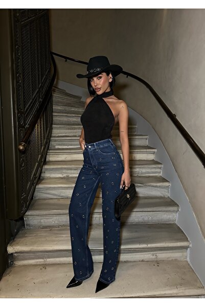 Diviny Γυναικείο τζιν παντελόνι με ψηλόμεσο μπλε ναυτικό μεταλλικό σχέδιο Palazzo