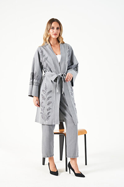 MİA NOURA ЖІНОЧИЙ ПЕРЕД І РУКАВИ З ВИШИВКОЮ ДЕНІМ КІМОНО