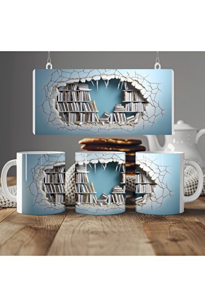 Beramussa كوب مكتبة عميق ثلاثي الأبعاد - تصميم غامض مليء بالكتب - بدون نقش