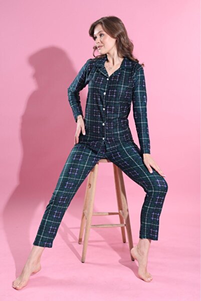 aytenli Σετ πιτζάμες από λεπτό σουέτ με καρό σχέδιο, με κουμπιά μπροστά, ελαφριά ντραπέλα, ελαστική μέση, κορδόνι που δένει το κορδόνι