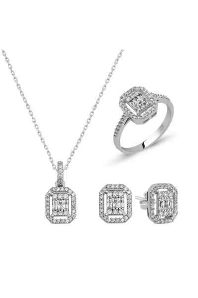 Gumush Gümüş Baget Taşlı Set