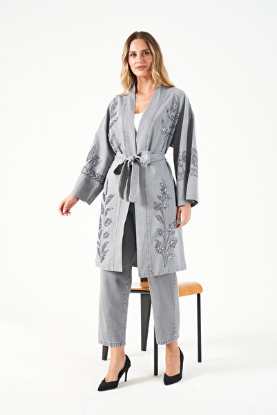 MİA NOURA Women's Front and Sleeves Embroidered Denim Kimono